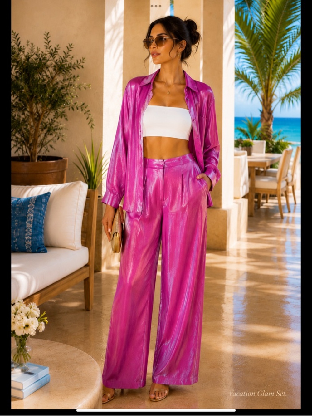Nasty Gal Metallic Resort Set ✨ Pink Vacation Glam Co-Ord